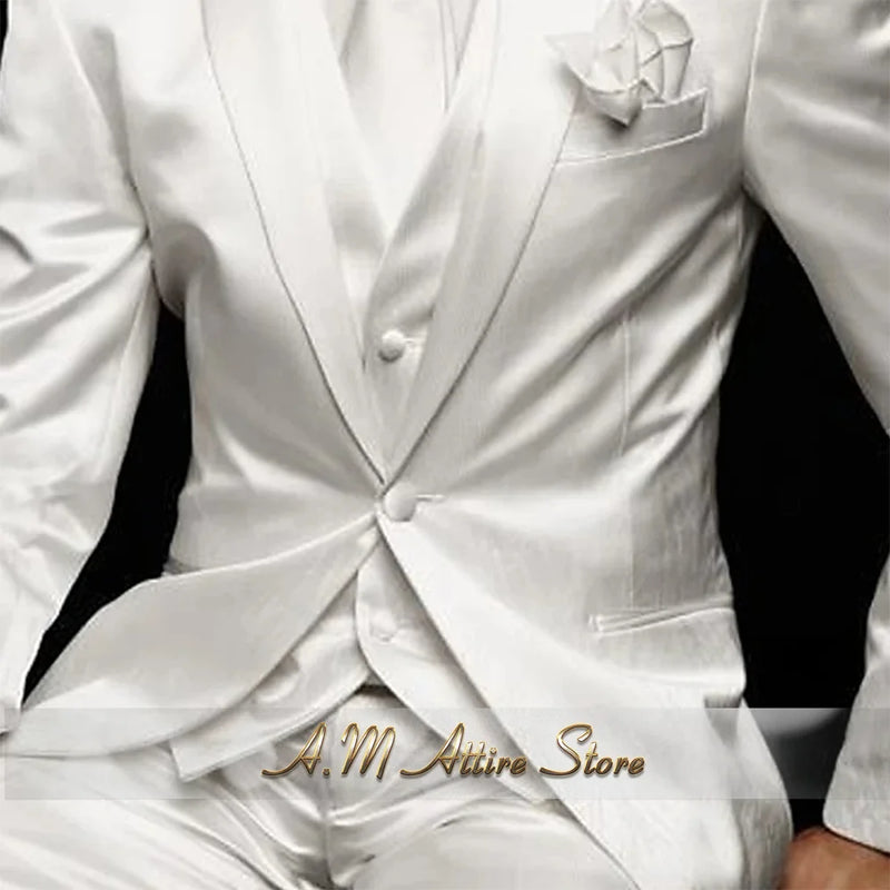 Men's Wedding Party Suits 3 Piece White Satin Mikado Jacket Vest Pants Set for Summer Banquet Party Father Gift Tailored Fit