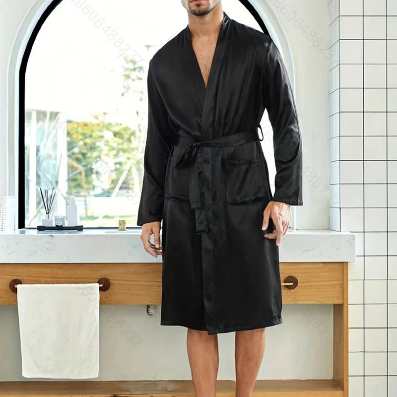 Comfortable Men's Black Satin Pajama Set V-Neck Long Sleeve Robe With Shorts Casual Sleepwear And Homewear For Summer Plus Size