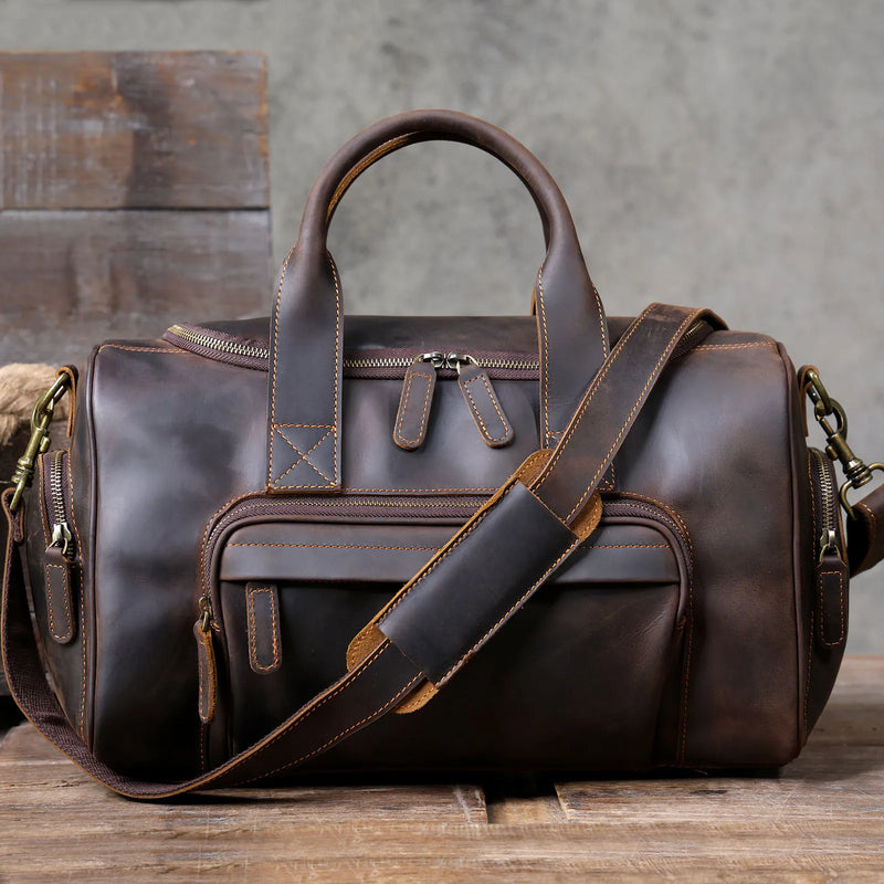 S.WORKER Vintage Genuine Leather Travel Bag  Crazy Horse Cowhide Leather Duffel Bag Men's Weekender Bag Gym Bag Carry on Luggage
