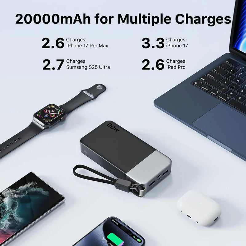 Portable Charger 20000mAh 90W Power Bank w/Detachable Cable | 2C+2A USB-C Fast Charging Battery Pack with LED Display