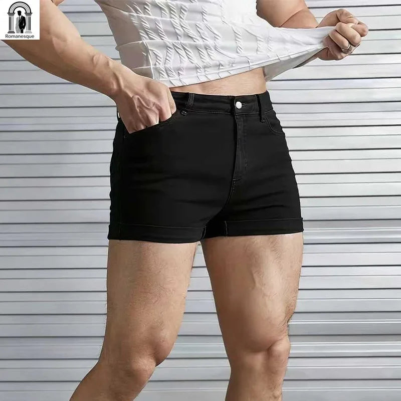 Men's Sexy Slim Fit White Denim Shorts, Rolled Cuff | SAMAG