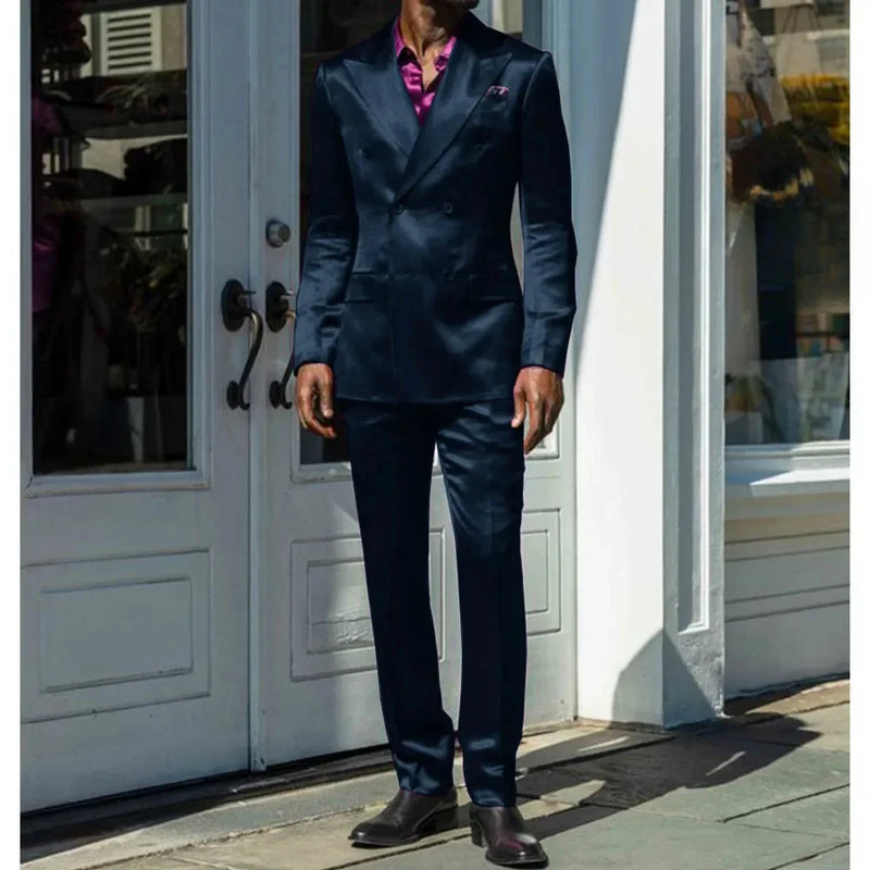 Fashionable Men Suits Satin 2 Piece Jacket Pants Sets High Quality Prom Party Blazer Double Breasted Peak Lapel Male Clothing