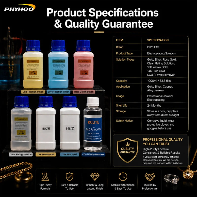 PHYHOO Professional Jewelry Electroplating Solution Kit Gold Silver Rose Plating Formula Fluid System For Workshop DIY Crafts