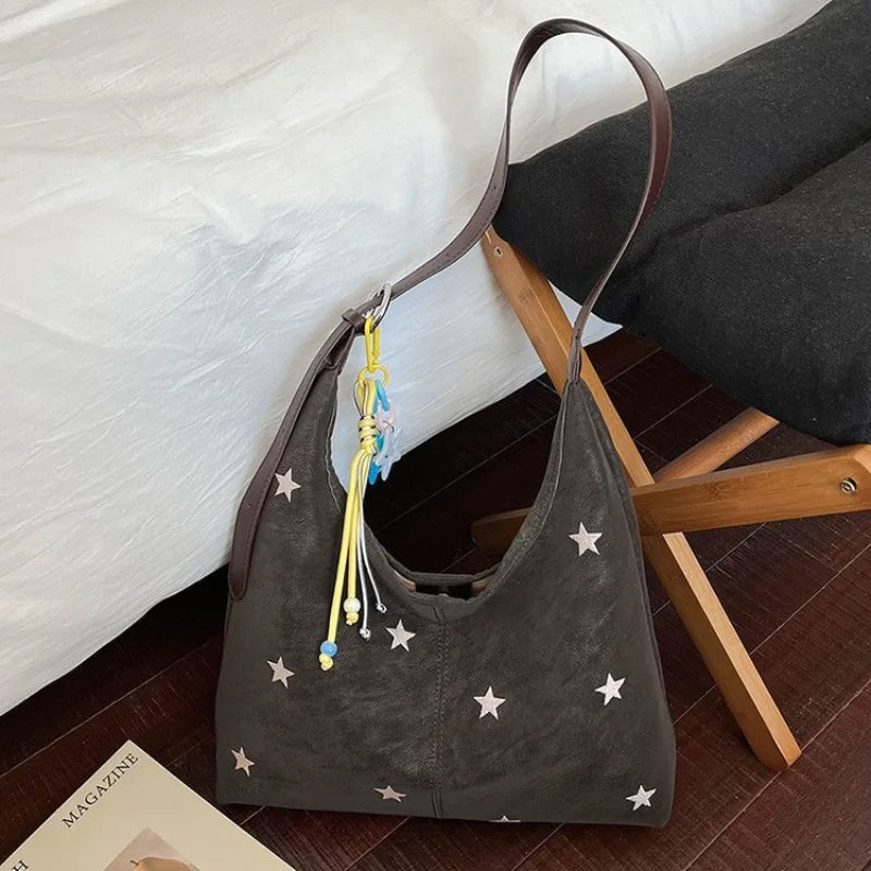 2026 New CEEKAY Star Embroidered Hobo Bag, Cute Shoulder Bag with Star Pendant, Large Capacity Tote for Women Handbag Tote Bag