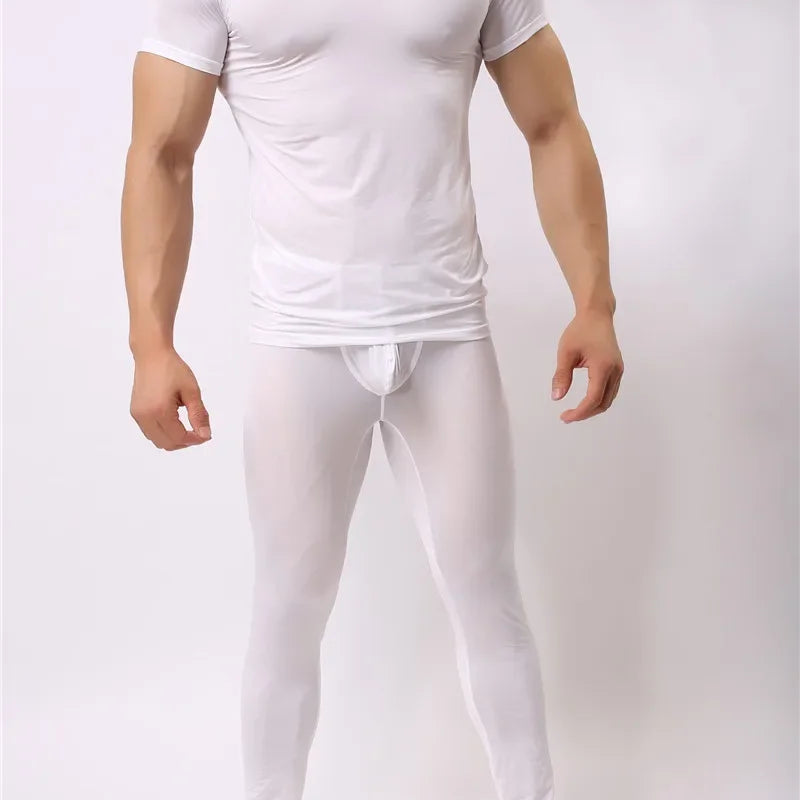 Warm Men Long Johns Ice Silky Ultra-Thin Thermal Underwear Men Underwear Long Johns Men Tops and Pants Set Long Johns Nightwear