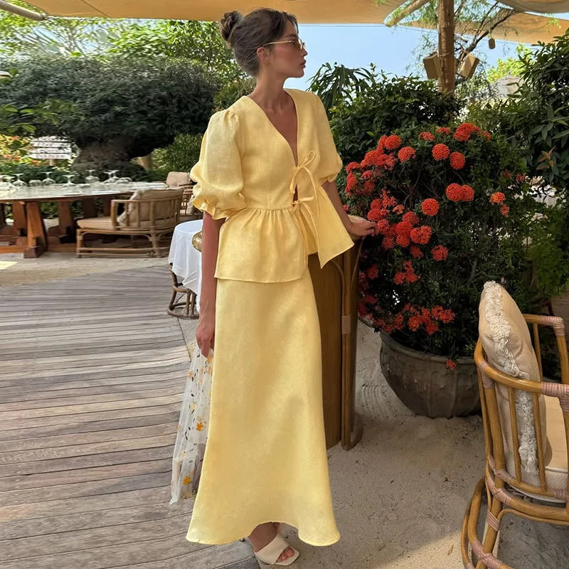Women's Cotto V-Neck Lace-Up Bubble Sleeve Shirt Long Skirt 2 Piece-Set Summer Casual Elegant Solid Color Loose Sets