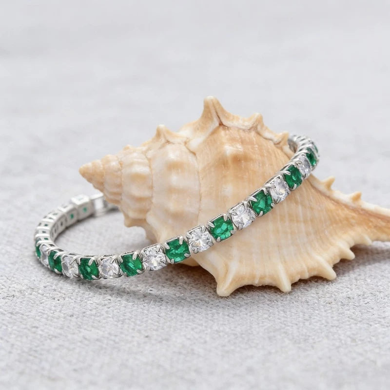 Stylish and Simple 925 Sterling Silver White and Green 4mm Zircon Tennis Bracelet Versatile Jewelry - Visuel 2 | SAMAG