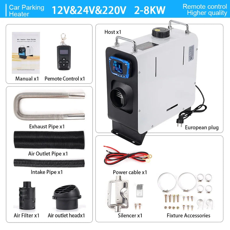 12V&24V&220V All in One Car Diesel Air Heater  with Remote Control LCD Switch 2/5/8KW Diesel Heater For Home RV Vehicle Truck
