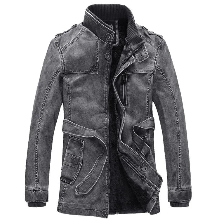 Men Fashion Warm Casual Vintage Faux Leather Jacket Coat Men Winter Brand New Long Thick Fleece Windproof Warm Leather Jacket
