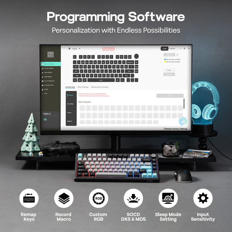 EPOMAKER TH80 V2 75% ANSI US Layout Wired/Bluetooth/2.4Ghz Wireless Mechanical Gaming Keyboard with Programmable Keys & Knob