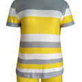 Trendy Plus Size Women's Two Piece Set Striped Short Sleeve Top and High Waist Shorts Casual Outfit