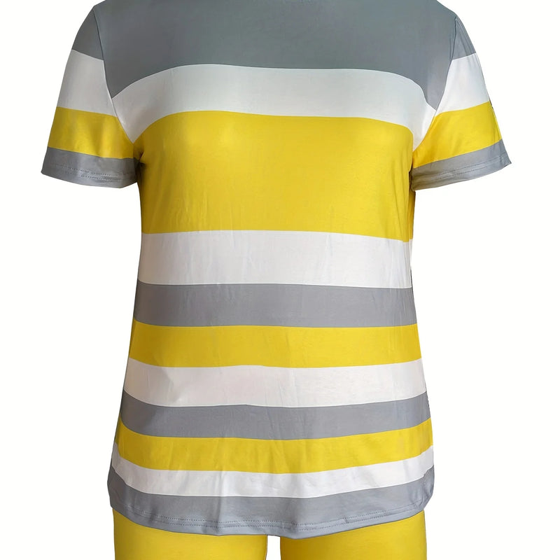 Trendy Plus Size Women's Two Piece Set Striped Short Sleeve Top and High Waist Shorts Casual Outfit