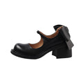 Arden Furtado Women's Mary Jane Shoes Cowhide Leather Round Toe High Heels Bowknot Chunky Pumps with Belt Buckle