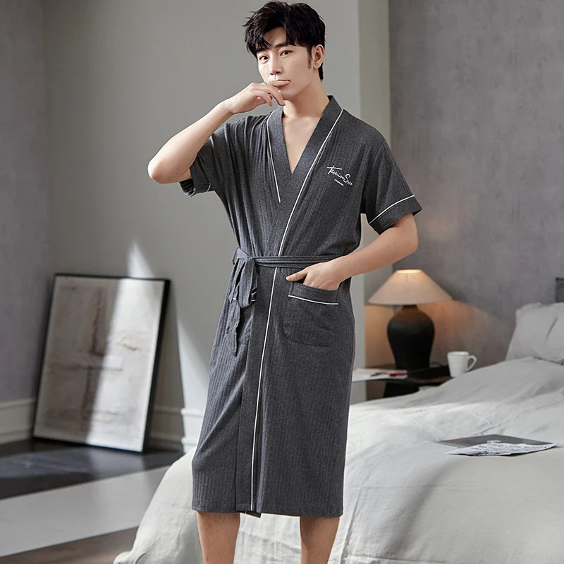 Big Yards L - 4XL Pajamas Mens Soft Cotton Knited Robes Sexy V-Neck Short Sleeve Bathrobe Male Solid Color Nightgown Lounge