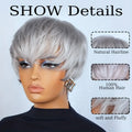 Short Gray Human Hair Wigs for Women with Bangs Layered Pixie Cut Wig Straight Hair with Machine Made Wig Bazilian Remy Hair