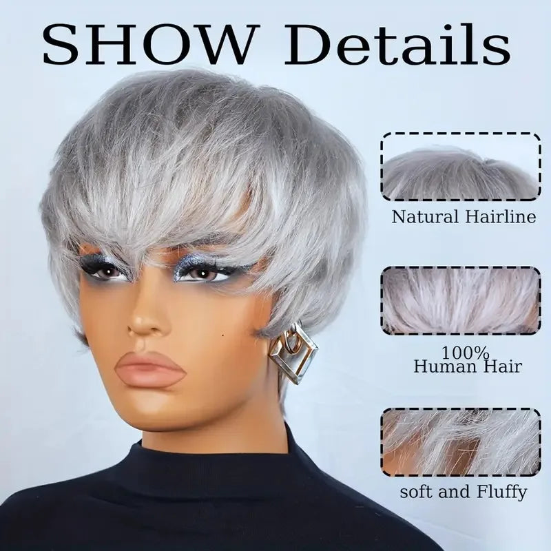 Short Gray Human Hair Wigs for Women with Bangs Layered Pixie Cut Wig Straight Hair with Machine Made Wig Bazilian Remy Hair