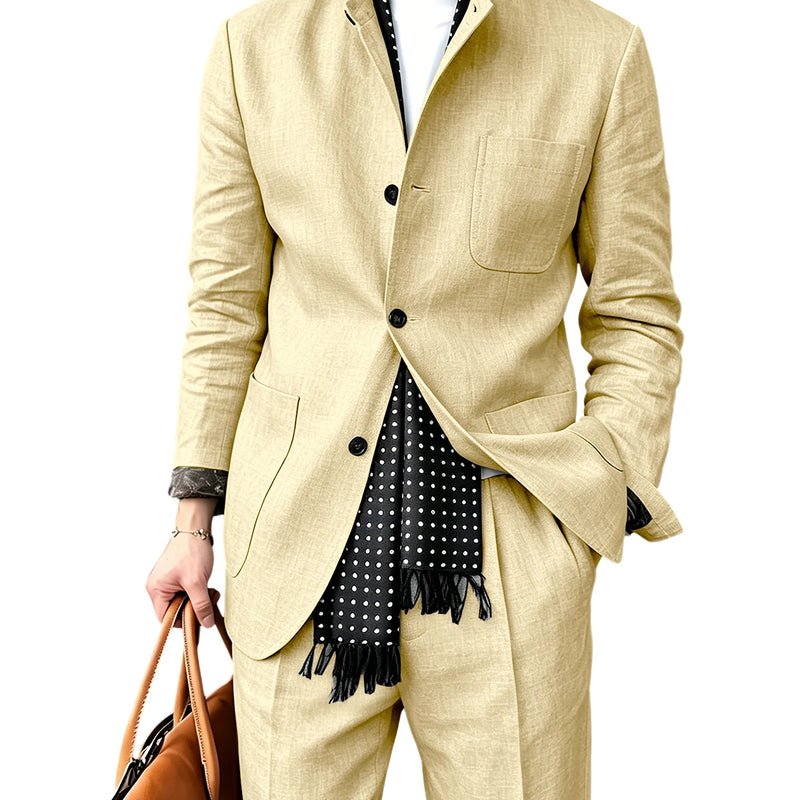 Men's Linen Blend 2 Piece Suit Set Stand Collar Three Button Breathable Casual Blazer Pants For Business Daily Wear Summer