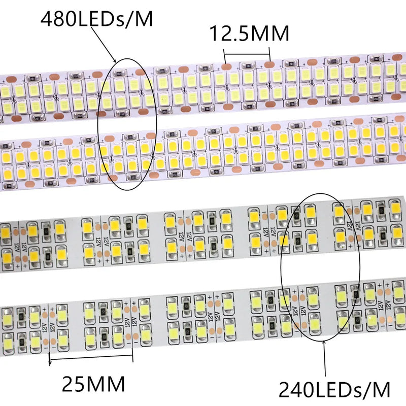 Double Row 1/2/3/4/5M LED Strip 2835 240LEDs/m 480LEDs/m DC12V High Brightness 2835  Flexible LED Light Warm White/White  5m/lot