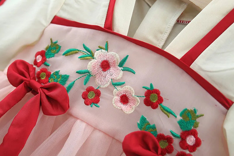 Summer Children Clothes Vintage Chinese Style Embroidered Baby Party Mesh Dresses For Toddler Girl 0 To 3 Years Kids Costume