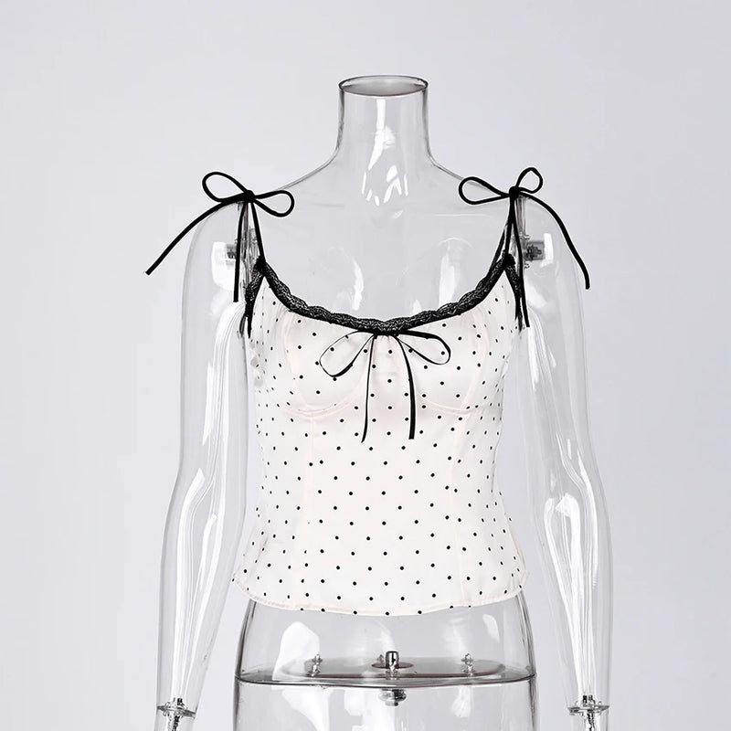 Linad Sexy Polka Dot Lace Spaghetti Strap Vests 2026 Street Chic Satin Lace Up Camisole Women Spring Elegant Sleeveless Tops Bow