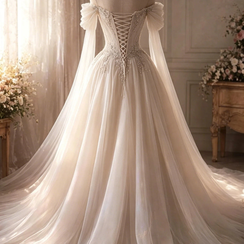 Elegant A - Line Sheer Crystal Bead Women's Wedding Dress - View 2 | SAMAG