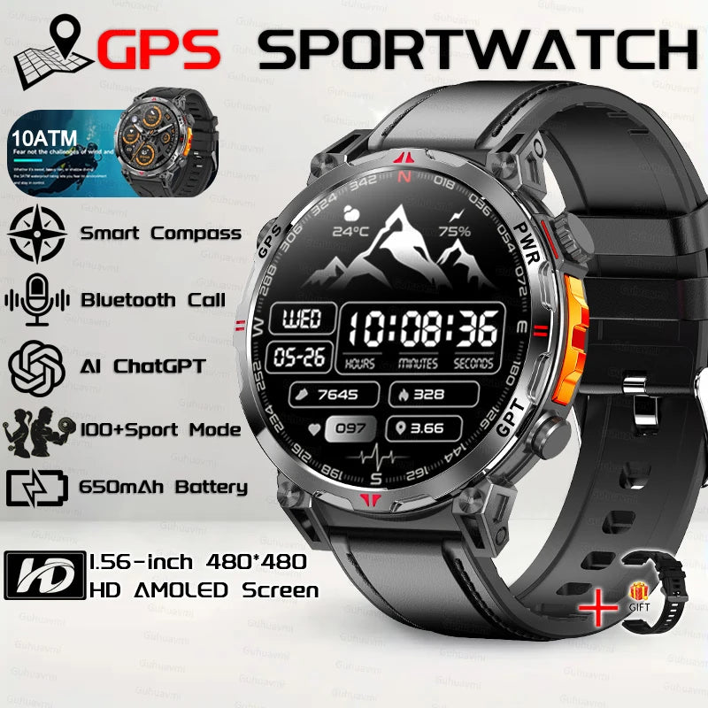 2026 New Outdoor GPS Sports Smartwatches Men Compass 10ATM Waterproof 24/7 Health Monitoring Chat GPT Bluetooth Call Smart Watch