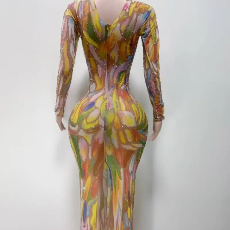 Birthday Singer Prom Queen Costume Sexy Stretch Evening Drag Queen Women's Stylish Long Sleeve Cheongsam Dress