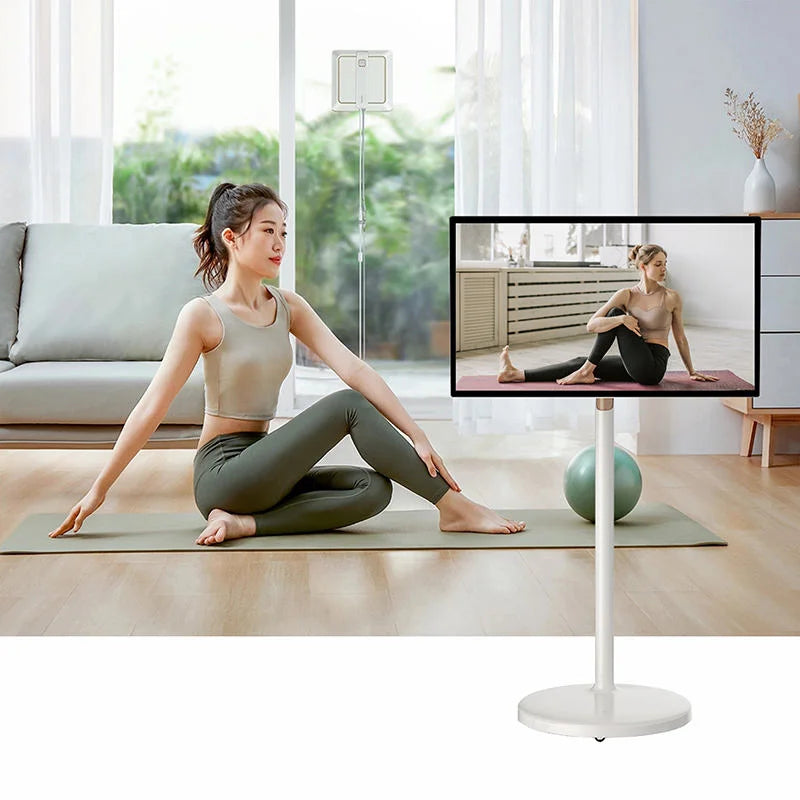 27/32" Moveable Smart Screen 4K UHD Touch Screen Portable TV on Wheels Built-in Battery Android 11 Rotating Wireless Monitor