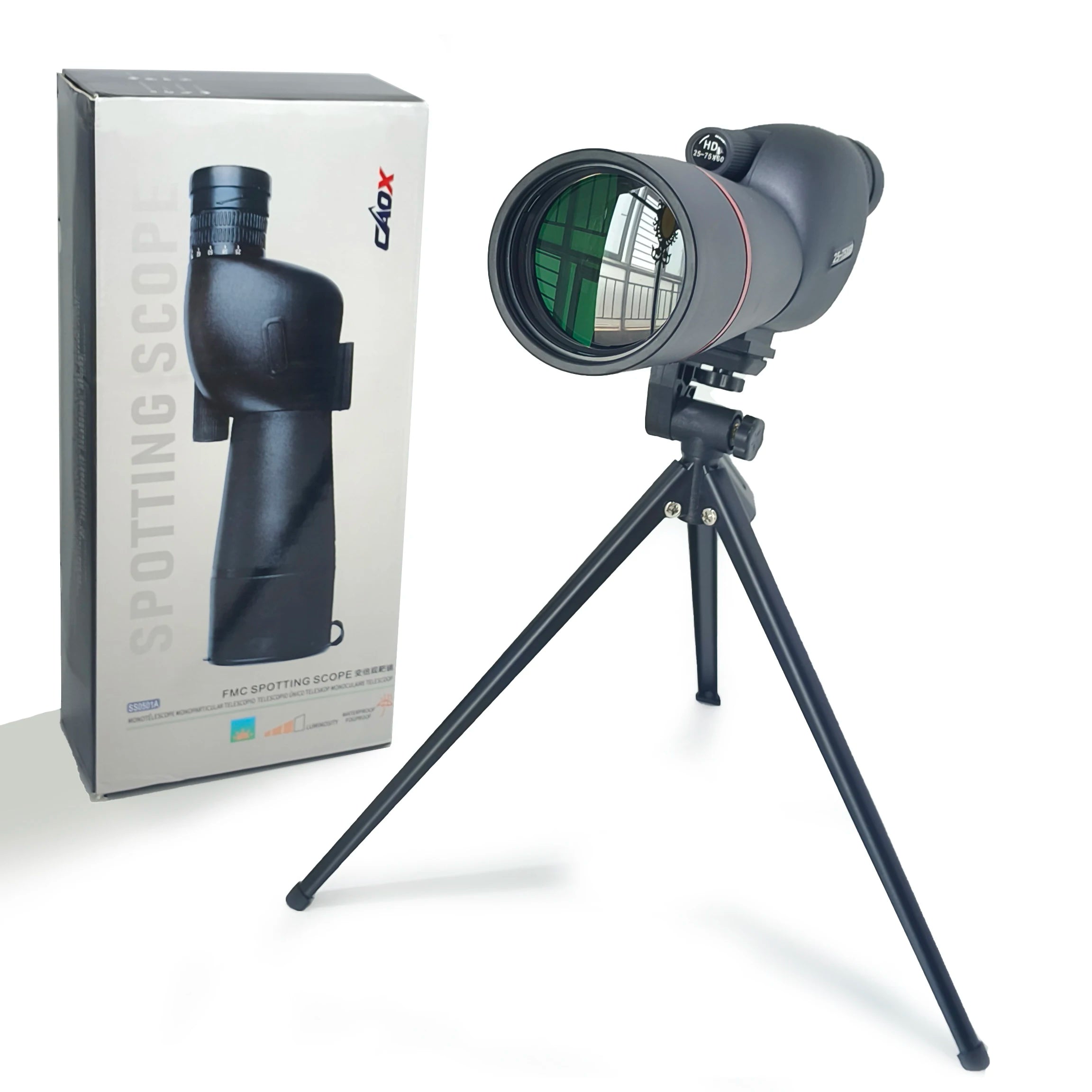 CAOX 25-75 High Power Zoom Telescope Spotting Scope Wide Field Monocular with Phone Adapter and Tripod for Bird Watching Camping