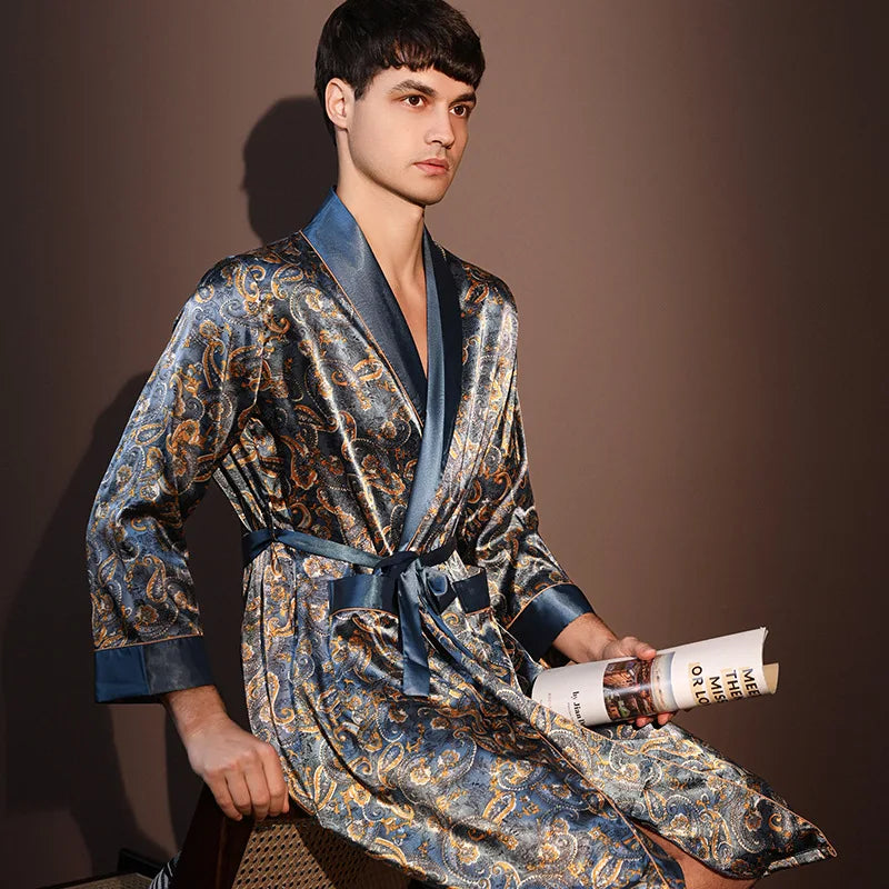 High Quality Nightrobes Men Summer Thin Bathrobe Large Size Ice Silk Printed Pajamas One-piece Robe Male Loungewear Gents Spring