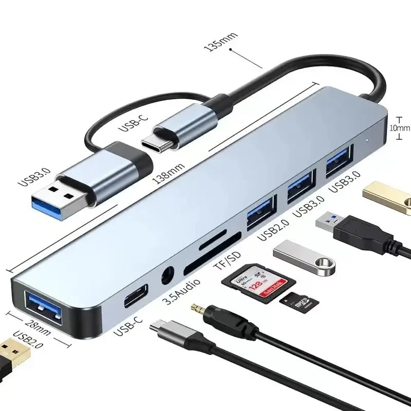 8 in 2 USB-C HUB USB Splitter USB Extender with 4 USB Port 1 USBC Port TF/SD Card Reader Audio Output Compatible with MacBook
