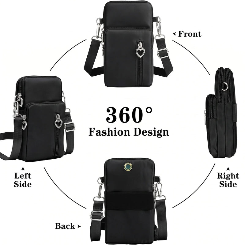 Waterproof Nylon Mini Crossbody Phone Bag for Women Heart Metal Zipper Multi Compartment Shoulder Arm Bag Phone Purse Wallet