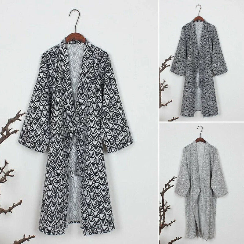 Mens Japanese Classic Bathrobe Nightwear Yukata Kimono Gown Sleepwear Cotton Skin Friendly Robe Loose Casual Homewear Pajamas