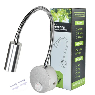 LED Wall lamp 3W Modern Bedroom Bedside Reading Study Book Lamp Black Silver Light Body wall light EU US Plug Cord