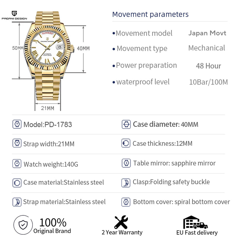 PAGANI DESIGN Men's Watches DD40 Gold White Luxury Automatic Watch Japan Movt Date Week Mechanical For - Visuel 6 | SAMAG
