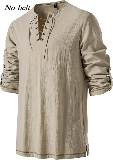 Men Medieval Lace Up Linen Long Sleeve Tunic Viking | SAMAG