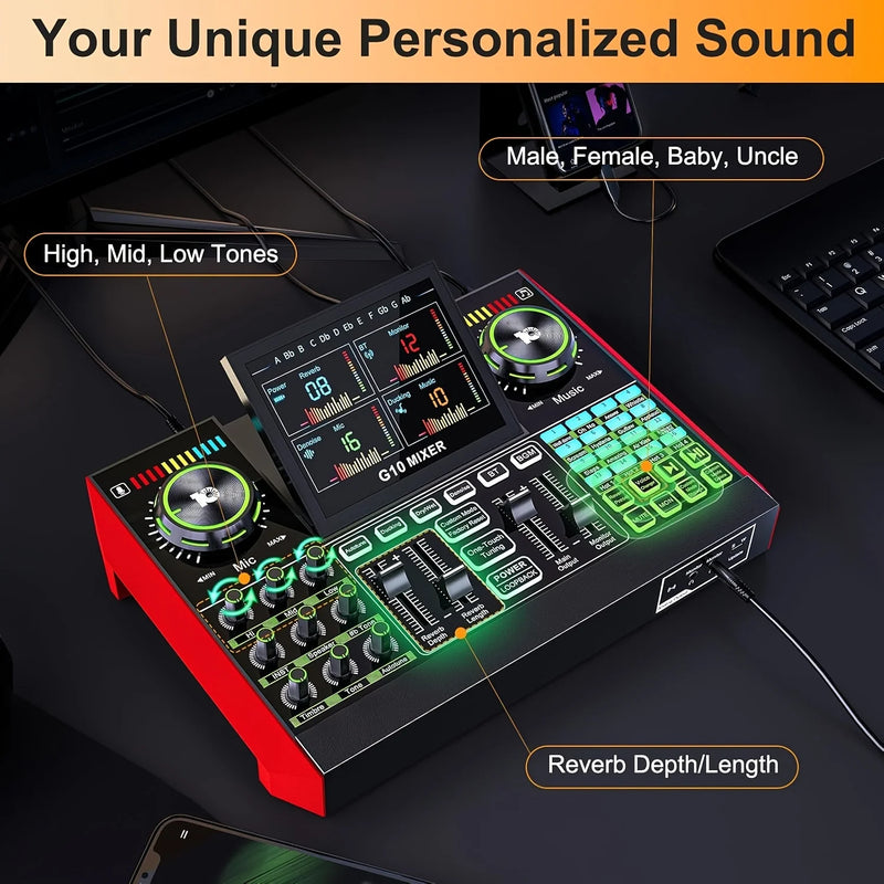 Tenlamp G10 Podcast Microphone Bundle Live Sound Card Audio Mixer, Voice Changer DJ Effects XLR 3.5mm Mic Interface for PC Smartphone Gaming Streaming Recording YouTube Studio Vlog