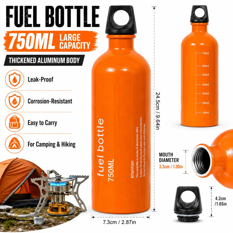 750ml Aluminum Fuel Bottle Camping Stove Gas Oil Storage Can Leakproof Orange Lightweight Outdoor Fuel Container for Backpacking Hiking Picnic Camp Burner Refill Portable Travel Bottle Durable Safety Cap Camping Gear Accessor