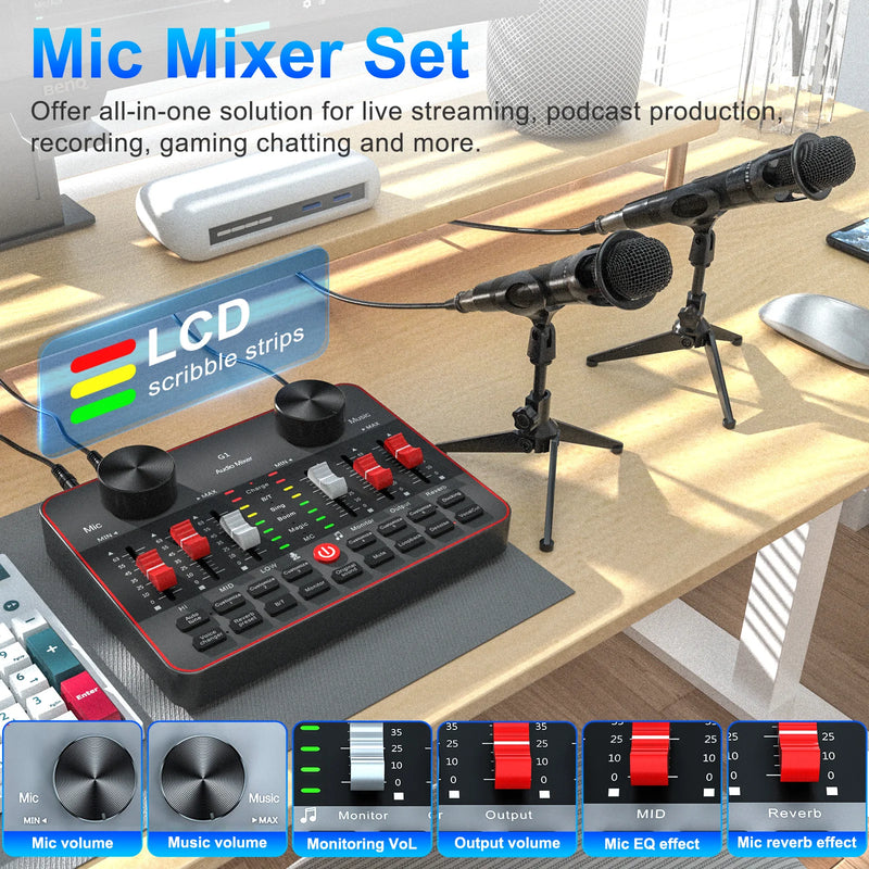 Tenlamp Podcast Equipment Bundle, All-in-One Audio Interface DJ Mixer with 2 Condenser Microphones, Recording Studio Kit Live Sound Card for Singing Broadcast, Live Streaming, Gaming for PC Smartphone Laptop Computer Vlog Rec