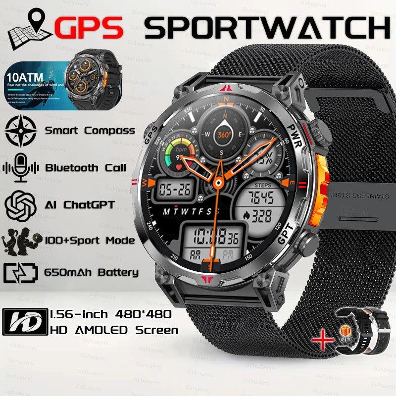 2026 New Outdoor GPS Sports Smartwatches Men Compass 10ATM Waterproof 24/7 Health Monitoring Chat GPT Bluetooth Call Smart Watch