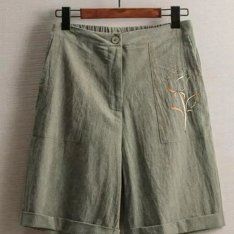 Women's Vintage Rose print Linen Blend Wide Leg Bermuda Shorts High Waist Casual Knee Length Summer Trousers with Pockets