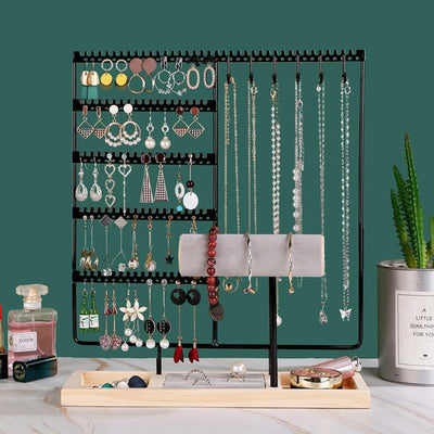 Metal Jewelry Organizer Stand with Wooden Tray - Multi - Functional Storage for Earrings, Necklaces, Bracelets & | SAMAG