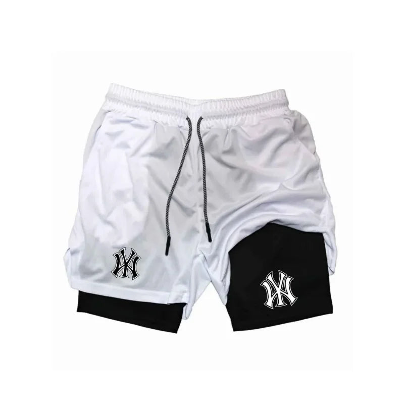 Men's tight fitting sports shorts, printed sports shorts, double-layer 2-in-1 quick drying basketball muscle fitness shorts