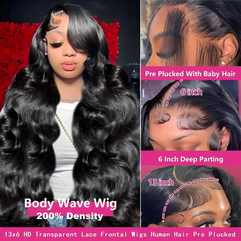 Body Wave Lace Front Wigs Human Hair Pre Plucked 13x6 HD Lace Frontal Human Hair Wigs 200 Density Natural Color Human Hair Wig 13x4 Body Wave Lace Front Wigs Human Hair Pre Plucked Small Knots with Baby Hair 28 inch HD Full F
