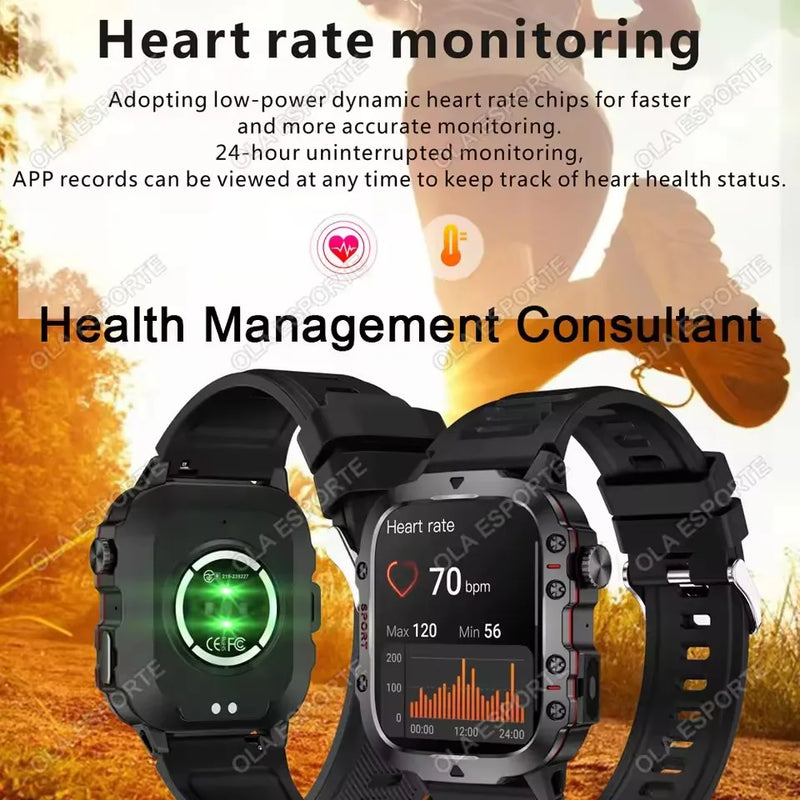 2026 New Military Smart Watch Men IP67 3ATM Outdoor Sports Fitness Tracker Blood Pressure Health Monitor BT Calls GPS Smartwatch