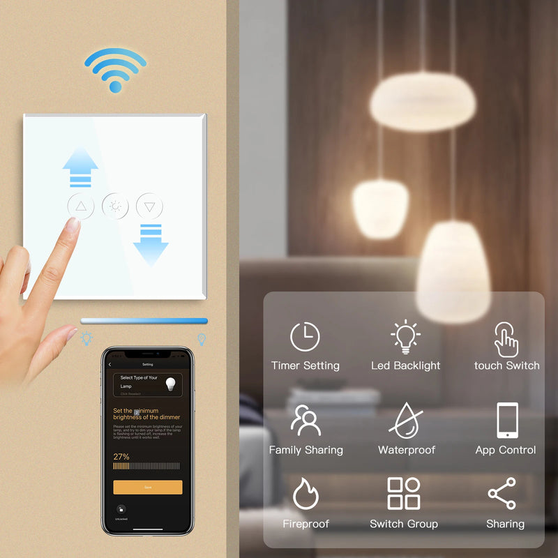 BSEED Single Smart Wifi Dimmer Switches 1Gang 1WayWifi Control Dimmable Led Light Glass Panel Support Tuya Google Smart Life
