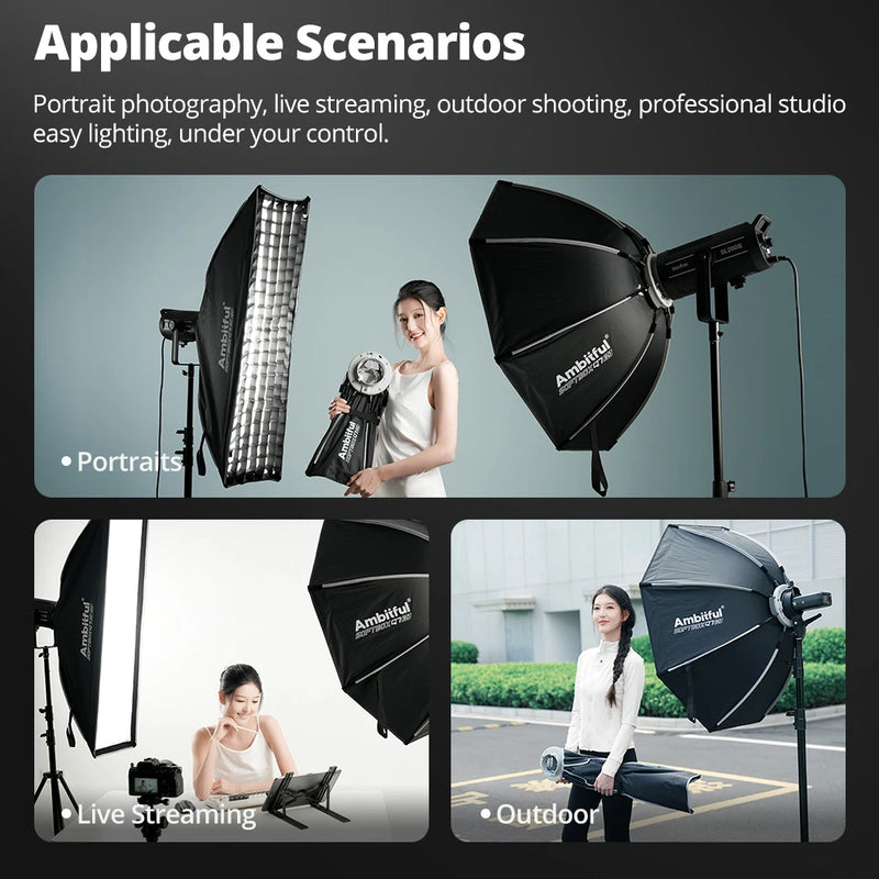 AMBITFUL 30x120cm 55cm 65cm 90cm One Touch Open Octagon/Rectangle Softbox Bowens Mount for Outdoor Studio Photography Side Wing