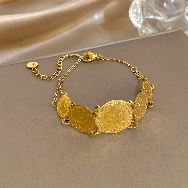 Vintage Gold Plated Stainless Steel Coins Wrist Bracelet for Women Men Classic Ethnic Cuff Bracelets Waterproof Jewelry