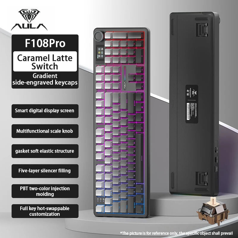 AULA F108 Pro Triple-mode Bluetooth 2.4G Wired Mechanical Keyboard Fully Customizable Hot-swappable Keys Gasket Structure RGB