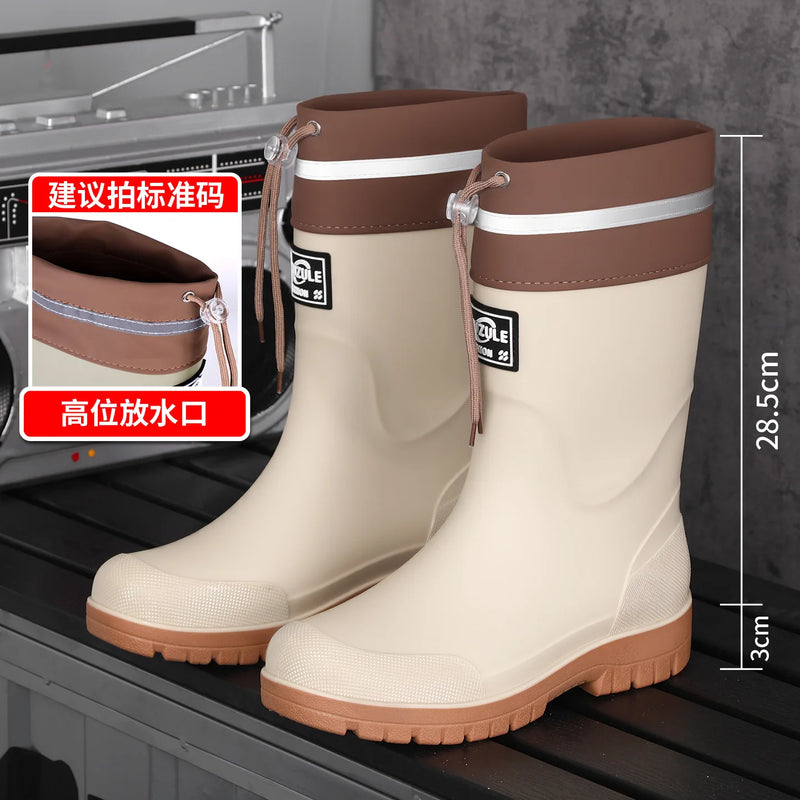 New Men's Style Rain Boots Fashion Mid-calf Waterproof Boots Work Warm Water Boots Wear-resistant Non-slip Fishing Rubber Shoes